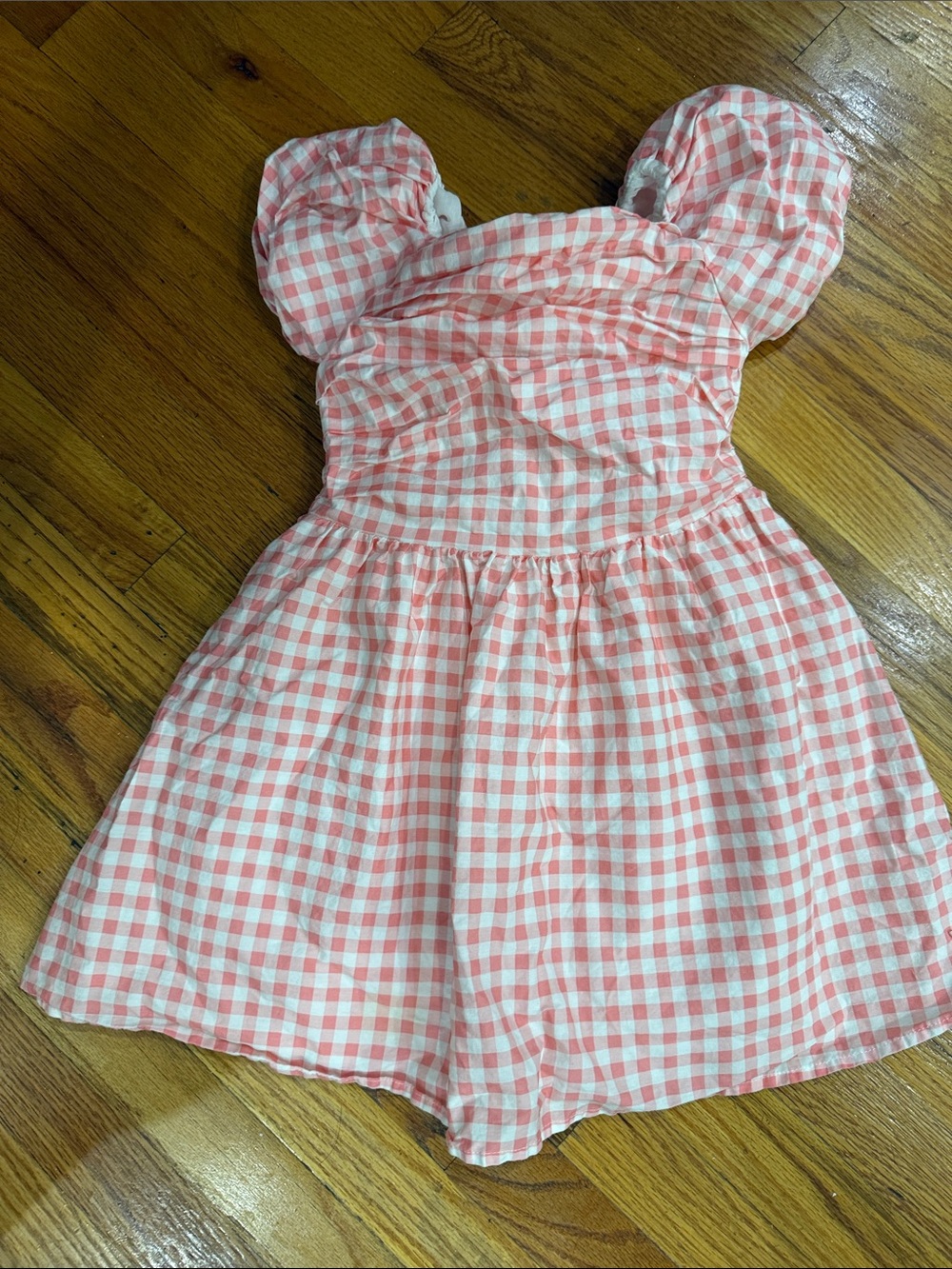 Tahari Coral and White Gingham Puff-Sleeve Casual Dress